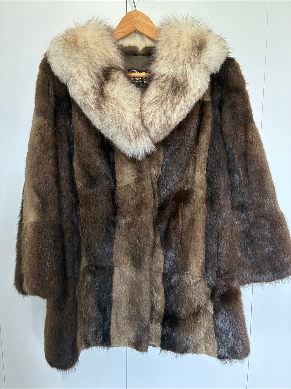 Classic Brown Muskrat Coat with White Fox Fur Collar